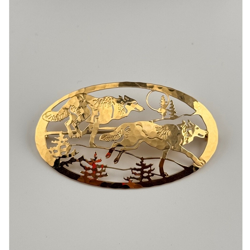 Wild Bryde Wolf‎ Brooch Gold Tone Running Wolves Scenic Pin Vintage